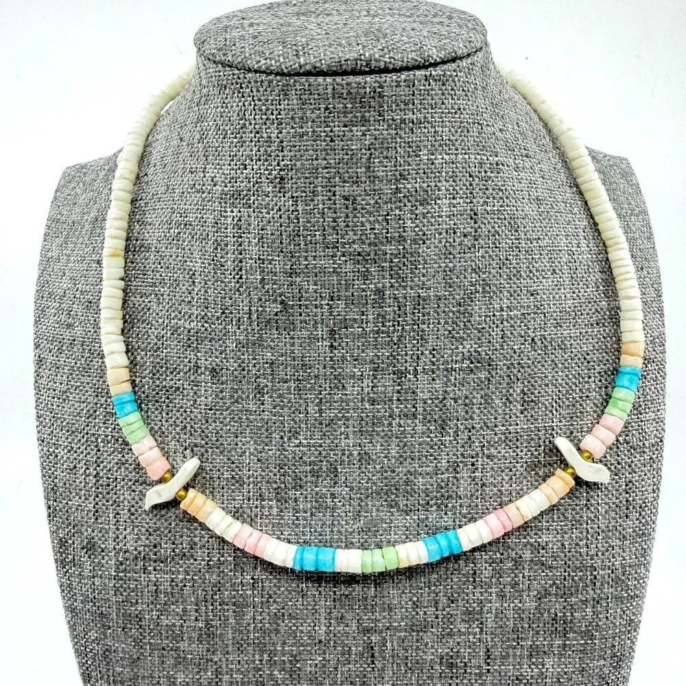 Pastel Heishi Bead Bird Necklace White Blue Pink Boho Coastal Statement Gift